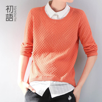 初语 2014春装新款 假两件前短后长弹力藤编纹