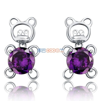 银斯妮 925纯银耳坠女 耳饰耳环 紫钻可爱熊 韩
