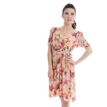 美伊轩 家居服夏女士人棉印花短袖V领褶皱连衣