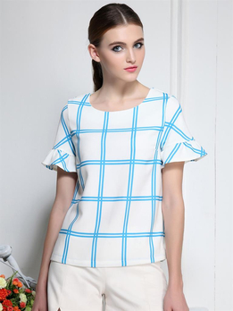 swise苏安真女白色蓝色格子短袖上衣S14CQT