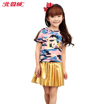 北极绒韩版童装夏装迷彩烫金裙女童短袖时尚休