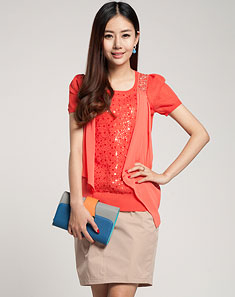 大红针织雪纺拼接亮片钉珠毛衣 - 针织衫\/女士