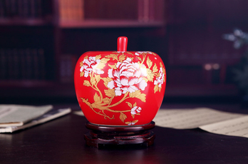 描金牡丹花中国红墙壁图纸摆件工艺品-花瓶/印花花瓶苹果图片