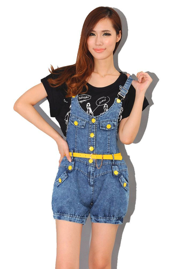 Maiakaweh 迈卡维 <em>糖果</em>色纽扣牛仔背带<em>连体短</em>