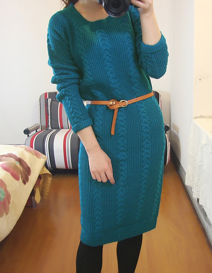 修身韩版中<em>长款毛衣裙</em>麻花复古<em>秋冬</em>毛线长裙打