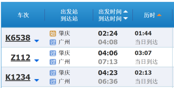 肇庆去广州火车东站的火车时间表?
