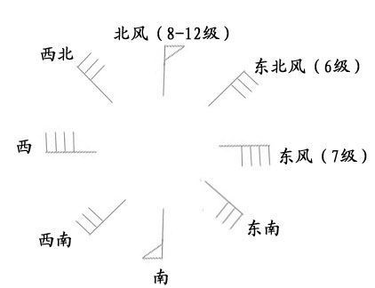 风羽 由3,4个短划和三角表示大风风力,垂直在风向杆末端右侧(北