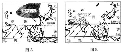 读图亚洲季风气候示意图,图a表示冬季,图b表示夏季,完成下列问题: (1)