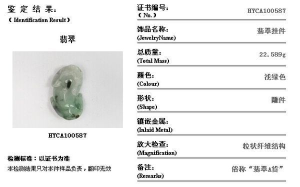中国商业联合会珠宝首饰质量监督检测中心证书