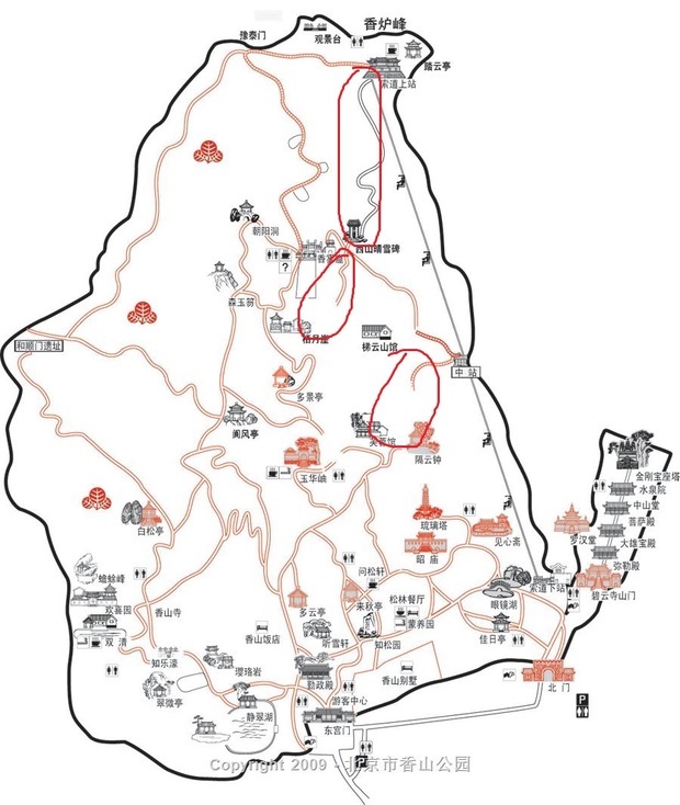 香山公园地图上灰色的道路和不全的道路是什么意思