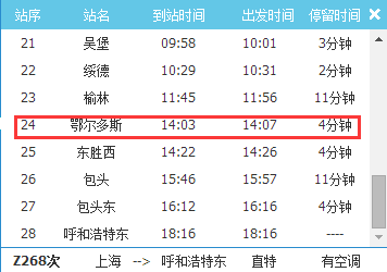 上海到呼和浩特的火车几点到鄂尔多斯火车站_