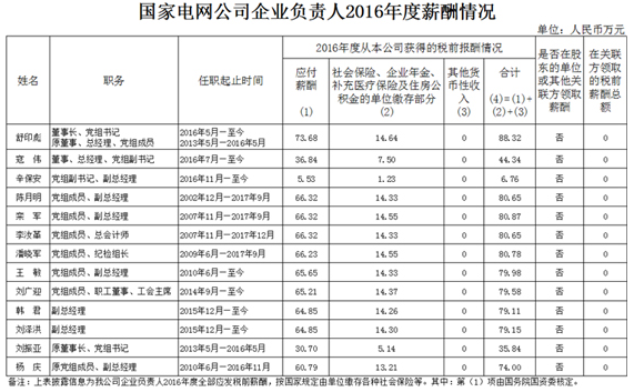 国家电网、南方电网两大电网公司企业负责人2016年度薪酬情况一览