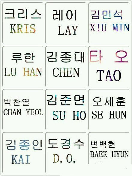 exo的成员韩文名是什么,要所有的人的