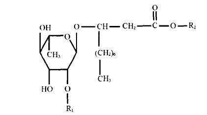 为鼠李糖脂的化学结构通式,其亲水基团一般由1～2分子的鼠李 糖构成